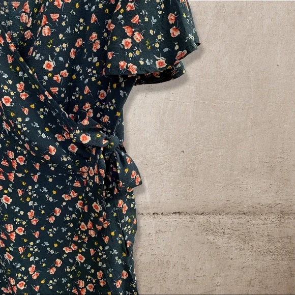 [NWOT] Breezy, Charcoal Blue-Pink/Yellow Floral Wrap-Around Summer Dress - Picture 2 of 6